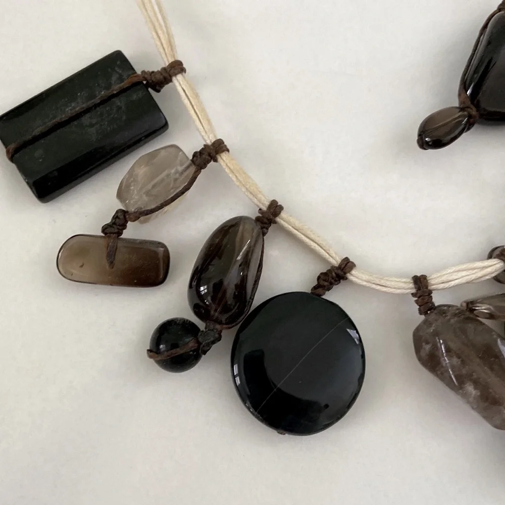 Polished Stone and Millefiori Flower Glass bead necklace rustic